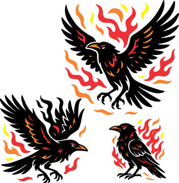 Picture Fire Raven Mascot Set - Phoenix Crow Vector Illustration