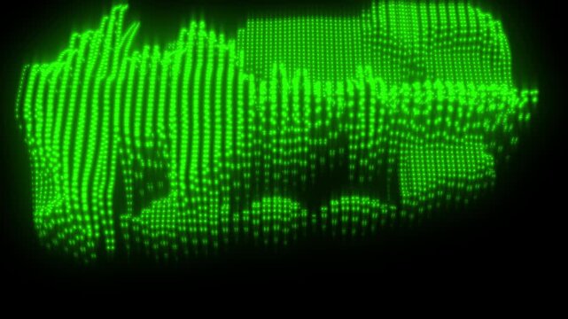 Green Glowing Car Illustration: An electrifying illustration of a sport car in bright neon green, constructed from cube particles against black backdrop.