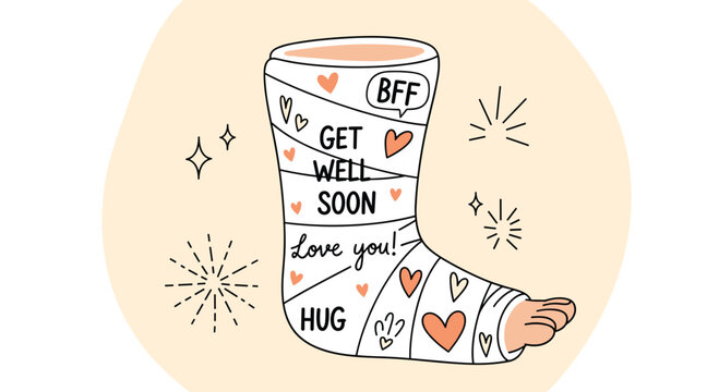 Cartoon illustration of a leg in a plaster cast covered with friendly get well soon messages and colorful drawings.