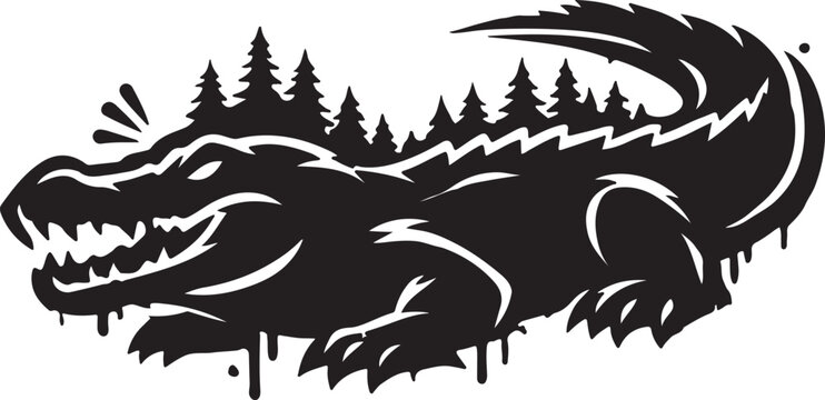 Black alligator silhouette with trees Vector