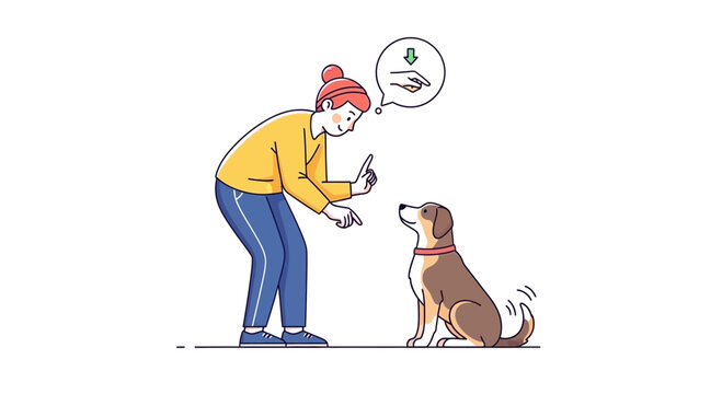 Woman training dog with hand gesture, obedience, positive reinforcement, simple flat illustration