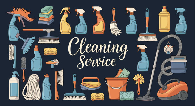 Comprehensive set of various cleaning supplies and equipment including sprays mops brushes and a modern vacuum.