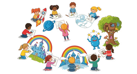Children's imagination: kids drawing fantasy, space, and nature scenes © Faizin