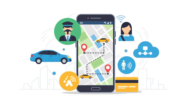 Ride Sharing App Navigation - Car, Map, Driver, Passenger, Payment Icons