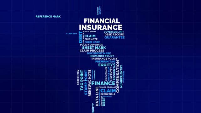 Vertical Financial Insurance Word Cloud Animation Shameless Loop. Financial Kinetic Typography Bold Blue Theme