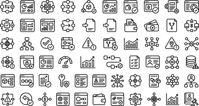 Business data management icon set featuring workflow analytics reporting system integration dashboards and modern outline vector UI symbols collection