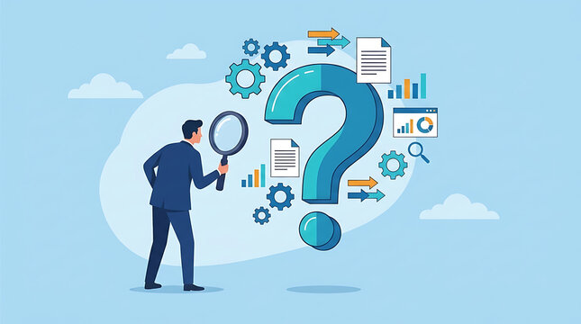 Curious professional businessman holding a glass magnifier to examine hidden details, conducting systematic investigation and analytical research to discover secret information and data facts.