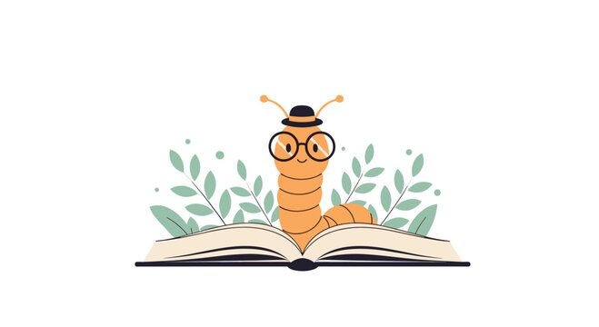 Cute bookworm character with glasses and a hat reading an open book surrounded by green leaves for education concept.