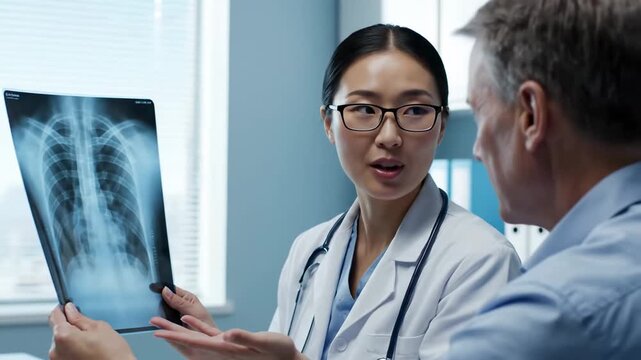 Medical Professional Explains X-Ray Results to Patient in a Clinical Setting for Analysis