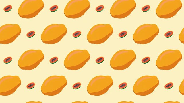 Sliced Papaya and Mango Fruit Seamless Pattern Background, tropical harvest and healthy snack concept.
