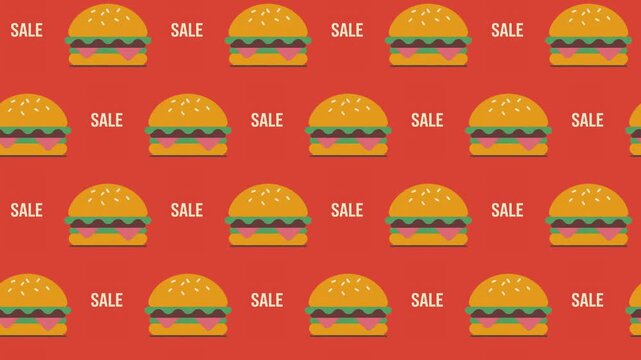 Burger Sale Promotion on Red Seamless Pattern Background, fast food marketing and discount concept.