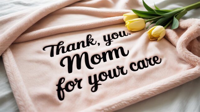 A pink towel with a message that says thank you mom for your care