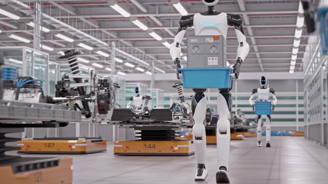 Low Angle View of an AI-powered Humanoid Robot Walking and Carrying Crates with Lithium-Ion Battery Modules in a Fully Automated Car Factory with AGVs and Robotic Arms. 3d Animation Render