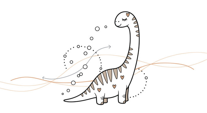 Adorable long necked dinosaur character decorated with hearts and surrounded by bubbles and wavy lines for kids.
