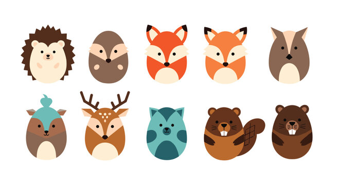 Collection of ten cute egg shaped forest animal characters including a hedgehog fox deer beaver and wolf for kids.