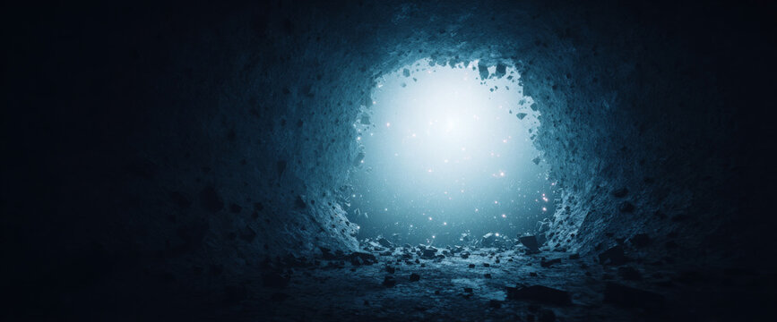 Dark cave tunnel with glowing light