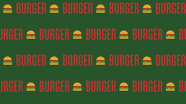 Burgers and 'Burger' Text on Green Seamless Pattern Background, fast food branding and menu concept.