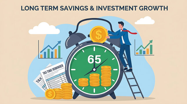 Professional businessman sitting on massive alarm clock depositing dollar coins for retirement saving, symbolizing compound interest growth, wealth accumulation, and annual tax season planning.