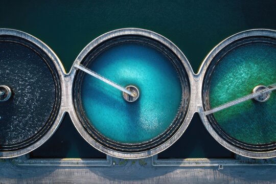 Aerial view of industrial circular water treatment tanks