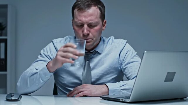 Tired Businessman Seated at Desk, Drinking Water and Battling Fatigue After Work