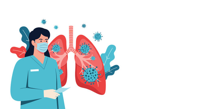 Female medical professional wearing a mask standing next to an illustration of human lungs showing the effects of viral infection and disease.