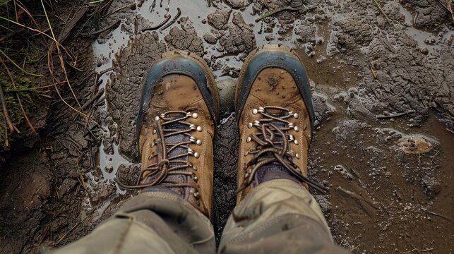 Man wearing muddy hiking boots standing in dirt. First-person view of footwear on wet ground during forest walk. Outdoor adventure and trekking equipment concept for travel lifestyle.
