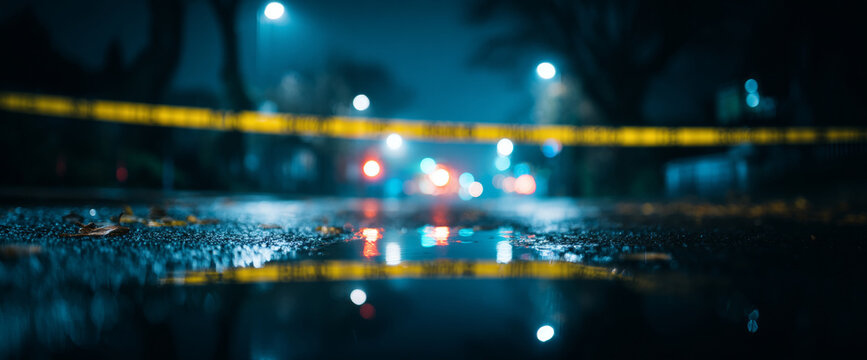 Crime scene tape on wet street at night