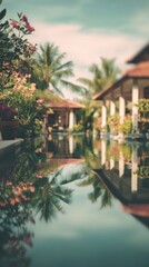 Fototapeta premium Blurred Bali jungle resort with nature immersion and eco travel mood.