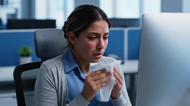 Woman Experiencing Allergy Symptoms in Office Environment Working on Computer