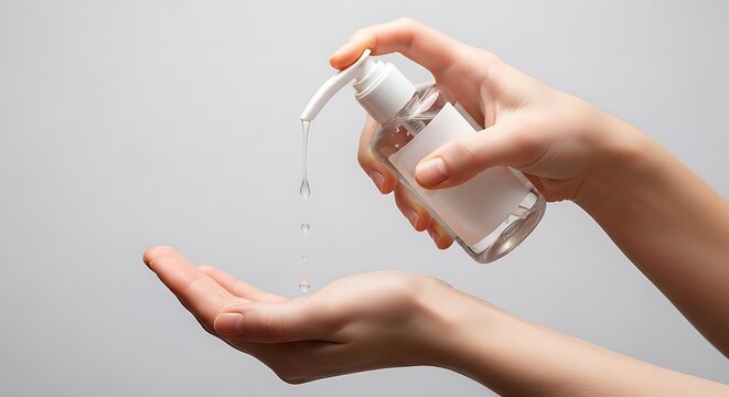 A person's hands dispensing clear liquid from a pump bottle into a cupped palm, illustrating the importance of personal hygiene and sanitization for health and well-being