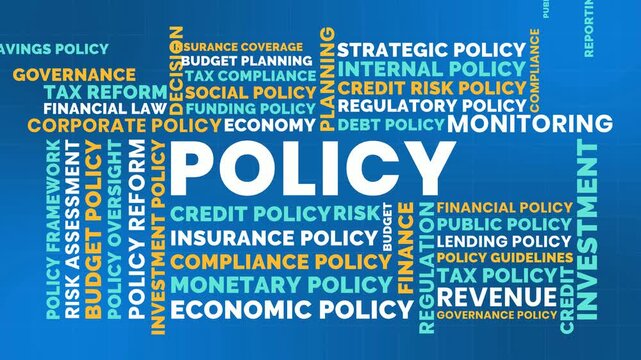 Vibrant Policy Finance Word Cloud Animation Shameless Loop. Policy Kinetic Typography Blue and Orange Theme
