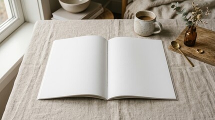 Fototapeta premium Open blank magazine layout with coffee mug and bowl