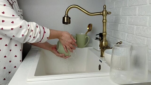 Woman washing dishes in kitchen sink, closeup. Cleaning chores