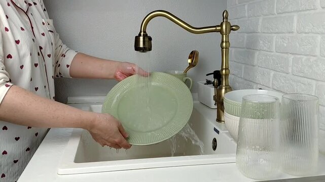 Woman washing dishes in kitchen sink, closeup. Cleaning chores