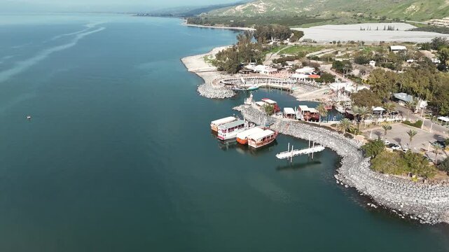 Full Aerial Panorama of Ein Gev Marina and Resort, Sea of Galilee, Israel