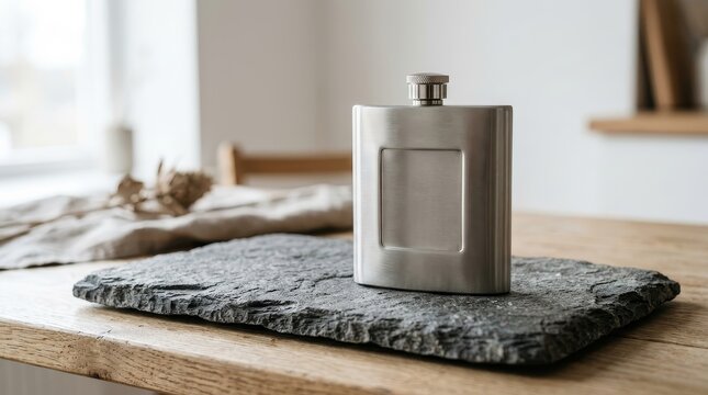 Silver metal flask on stone slab with blank panel