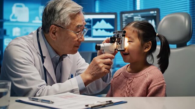 Pediatric Ophthalmologist Examines Young Girl's Eyes at Clinic with Diagnostic Equipment