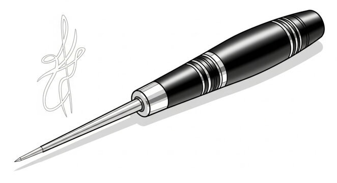A sharp dart flies through air with pointed metal tip and black handle.