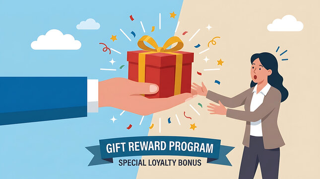 Person hand offering festive gift box wrapped with ribbon as loyalty reward bonus for customer or employee appreciation surprise present in special corporate incentive program lucky prize concept