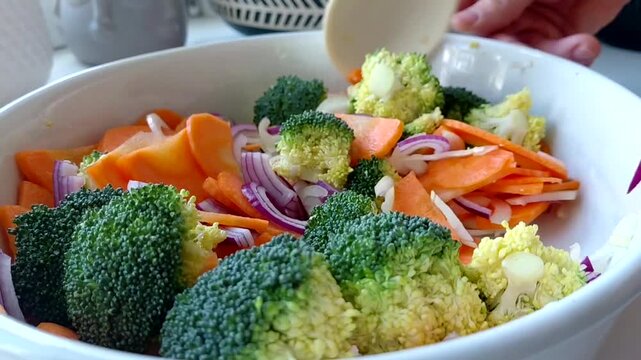 The vegetables are spread out and mixed in a baking dish. Cooking turkey, broccoli, carrot and onion fricassee with cream