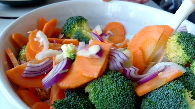 The vegetables are spread out and mixed in a baking dish. Cooking turkey, broccoli, carrot and onion fricassee with cream