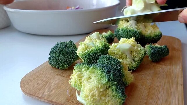 A man's hands are chopping fresh broccoli on the kitchen table. The close-up shot shows the preparation of healthy food with an emphasis on fresh vegetables and home cooking