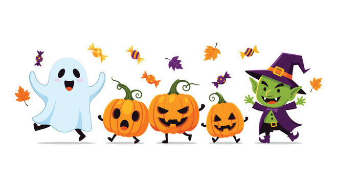 Cute Halloween party characters including a ghost scary pumpkins and a green goblin monster dancing for kids holiday events.