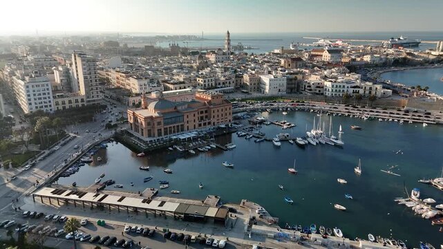 Aerial View of Bari Cityscape with Teatro Margherita and Marina, Apulia, Italy