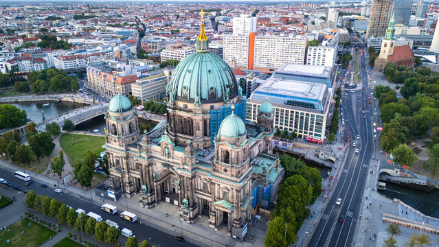 Berlin Cathedral (Berliner Dom) drone view near Springbrunnen im Lustgarten. Berlin, Germany.