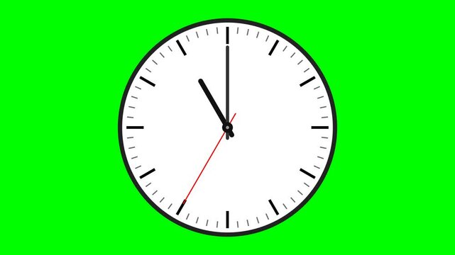 White analog clock with black markings and hands, including a red second hand, against a solid green screen background, showing time close to 11:00.