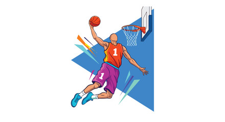 Fototapeta premium Dynamic illustration of a basketball player performing a slam dunk with abstract geometric shapes and a professional hoop in the background.
