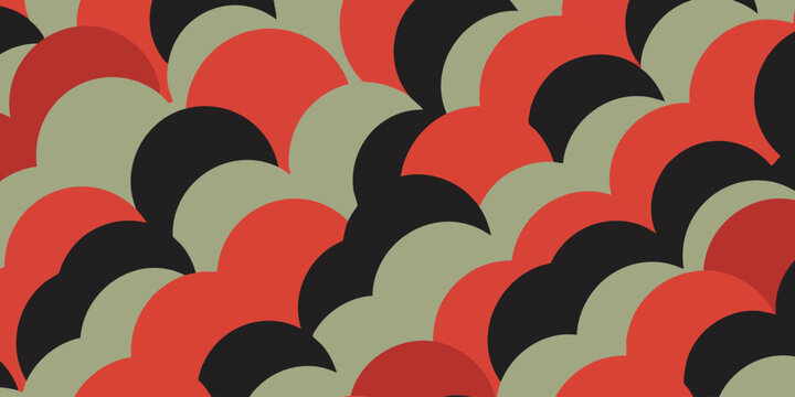 A vibrant abstract pattern of red, black, and beige semicircles creates a dynamic visual effect.