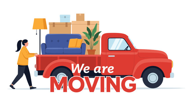 Moving announcement illustration showing a woman pushing a red pickup truck loaded with furniture, plants, and cardboard moving boxes.