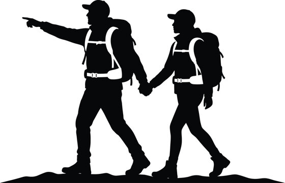 Two hikers walking together in nature with one pointing forward isolated on transparent background, Vector